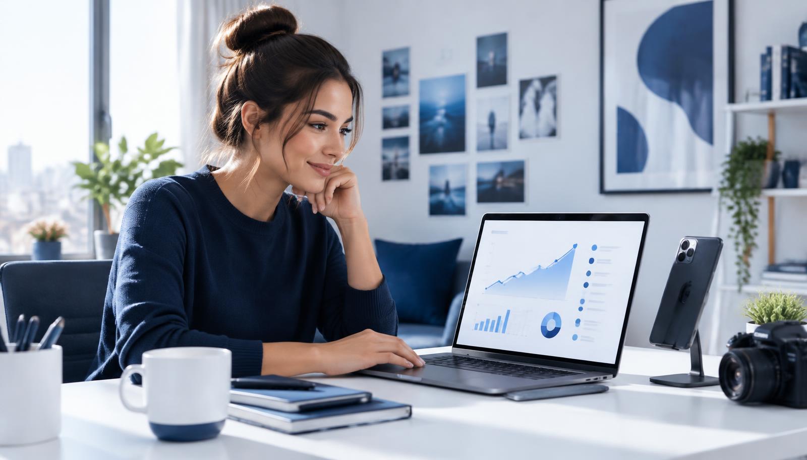 Creator reviewing results on a laptop dashboard